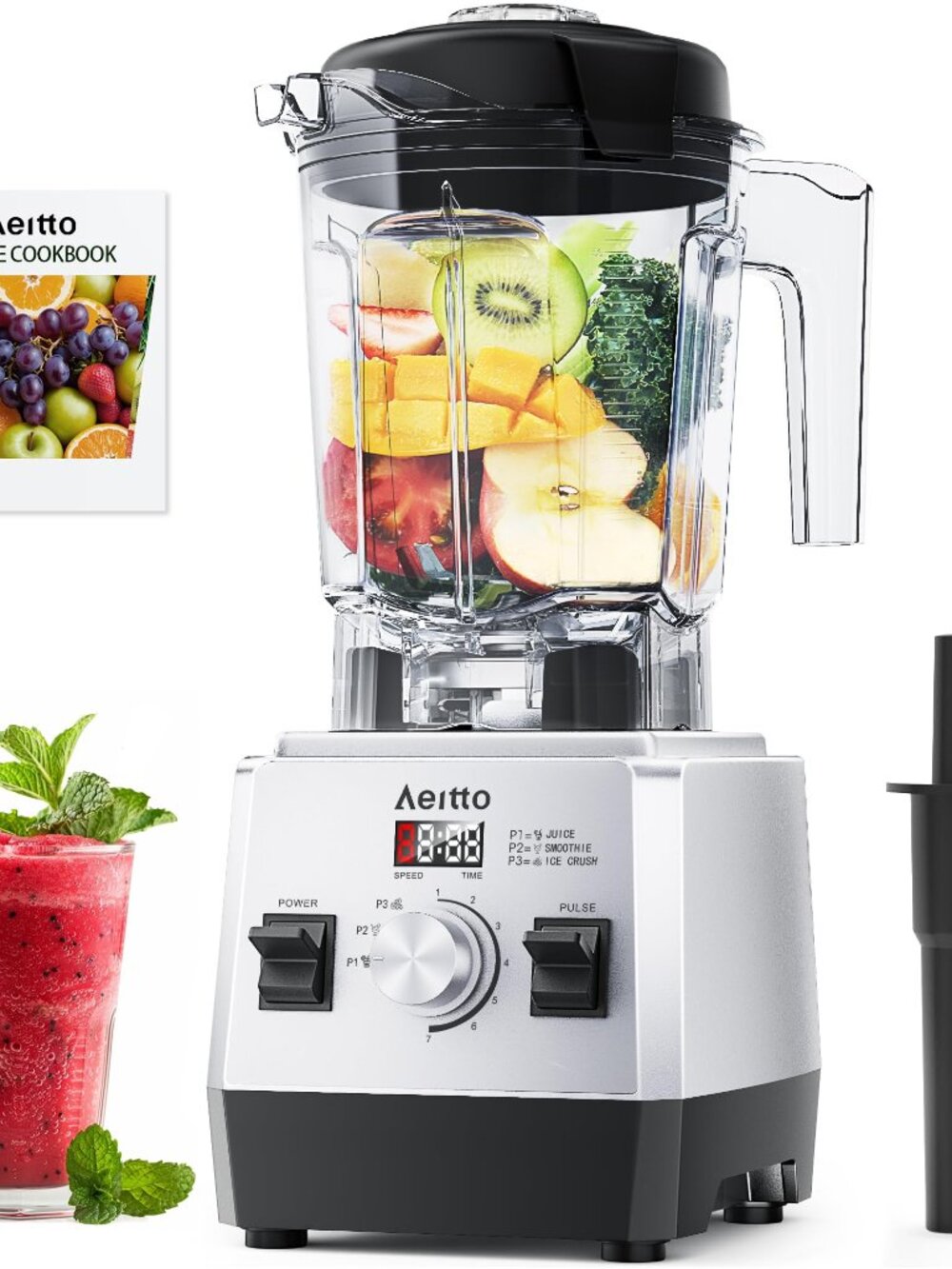 Aeitto 1800W Smoothie Blender, 68oz Jar, 3 Preset Programs, 7 Speeds, Silver